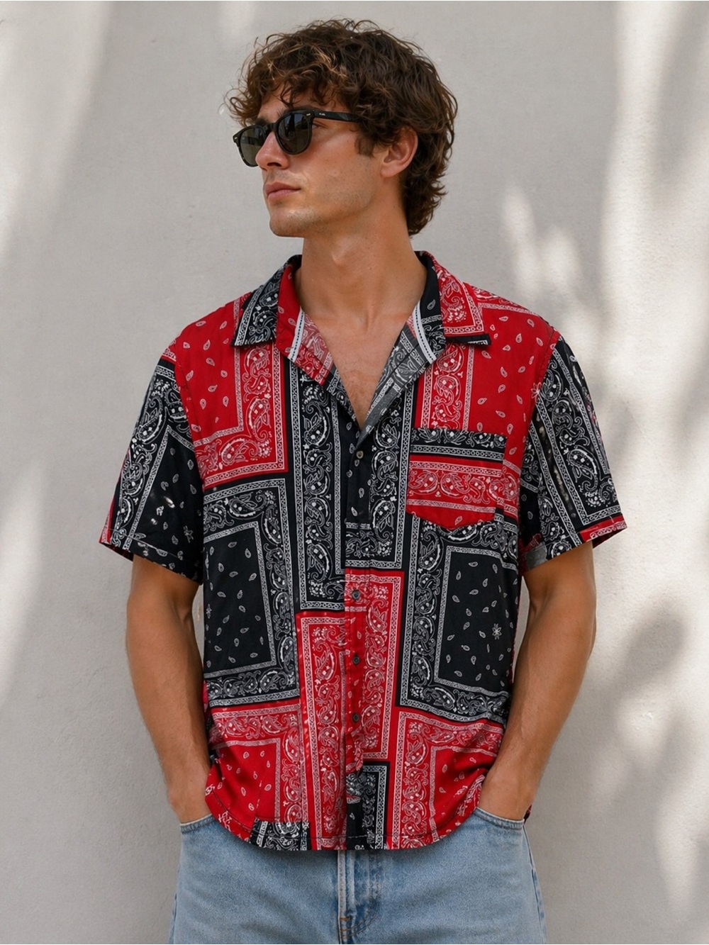 Men’s Paisley Bandana Patchwork Shirt Red Black Button Up Size L Streetwear